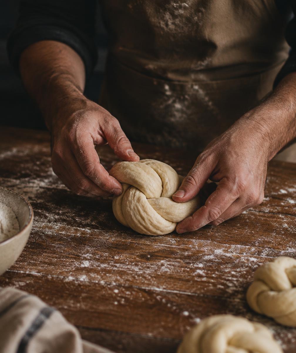 Baker shaping dough into a knot